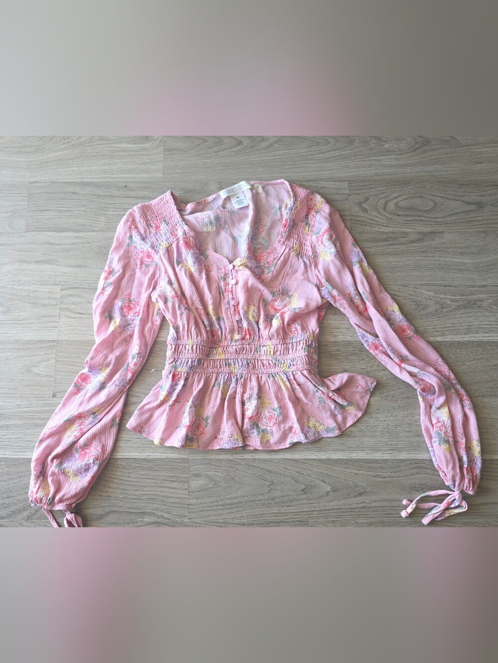 Planet Gold Pink Floral Smocked Peplum Button-Front Blouse